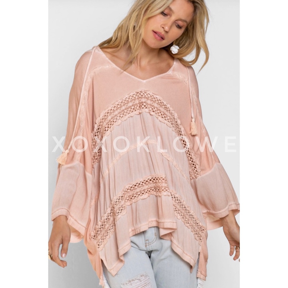 POL Washed Pink Rayon & Lace Oversized Hoodie Top - Picture 3 of 10